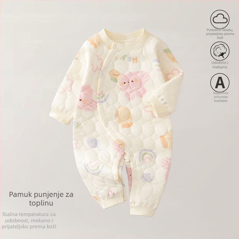 Bejbi kombinezon od pamuka – tro-slojno toplo, za novorođenčad, jesen-zima, dugi rukavi, prednje zatvaranje jednim kopčom