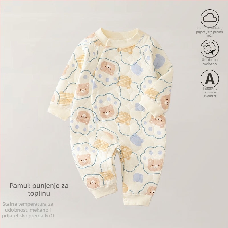 Bejbi kombinezon od pamuka – tro-slojno toplo, za novorođenčad, jesen-zima, dugi rukavi, prednje zatvaranje jednim kopčom