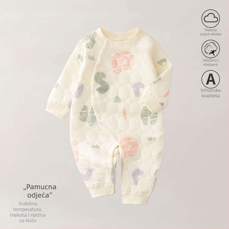 Bejbi kombinezon od pamuka – tro-slojno toplo, za novorođenčad, jesen-zima, dugi rukavi, prednje zatvaranje jednim kopčom