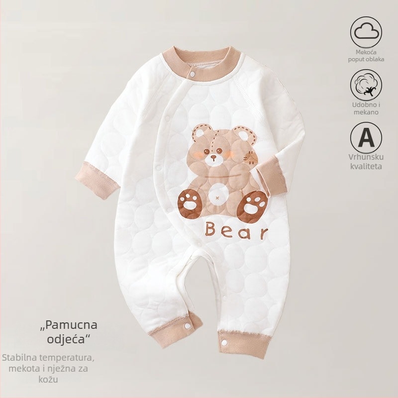 Bejbi kombinezon od pamuka – tro-slojno toplo, za novorođenčad, jesen-zima, dugi rukavi, prednje zatvaranje jednim kopčom