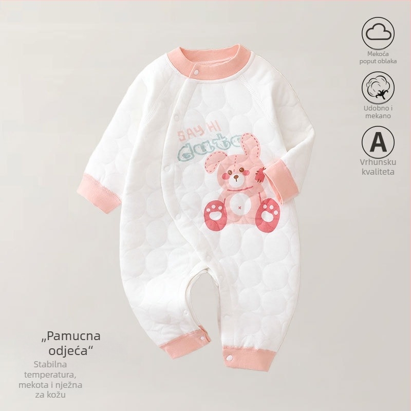 Bejbi kombinezon od pamuka – tro-slojno toplo, za novorođenčad, jesen-zima, dugi rukavi, prednje zatvaranje jednim kopčom