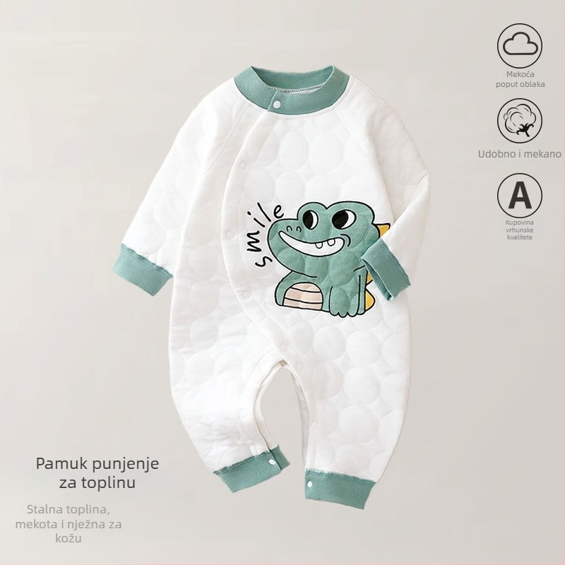 Bejbi kombinezon od pamuka – tro-slojno toplo, za novorođenčad, jesen-zima, dugi rukavi, prednje zatvaranje jednim kopčom