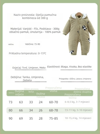 Bejbi skafander s debelim punjenjem, 100% pamuk, polar fleece materijal, pogodno za novorođenčad do 12 mjeseci.