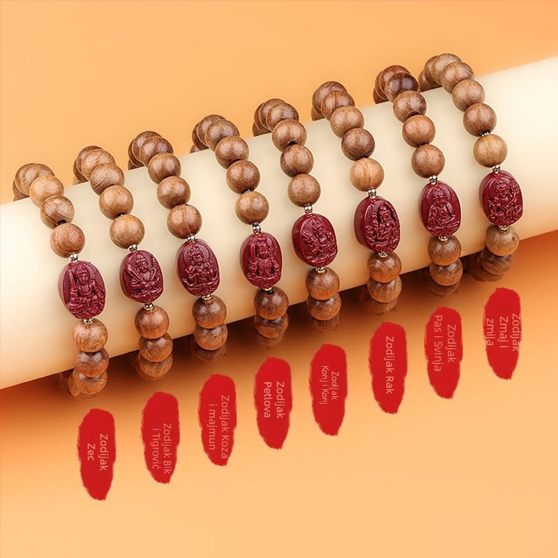 Drvena narukvica s cinnabar perlicama, unisex etničkog stila, ručna izrada, s Buddha perlicama za 12 znamenja zodijaka