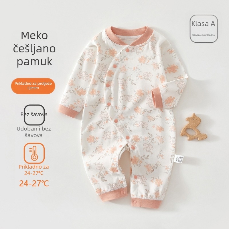 Bebin pamukasti kombinezon s dugim rukavima, unisex, 100% pamuk, za novorođenčad, dijagonalno zatvaranje gumbima
