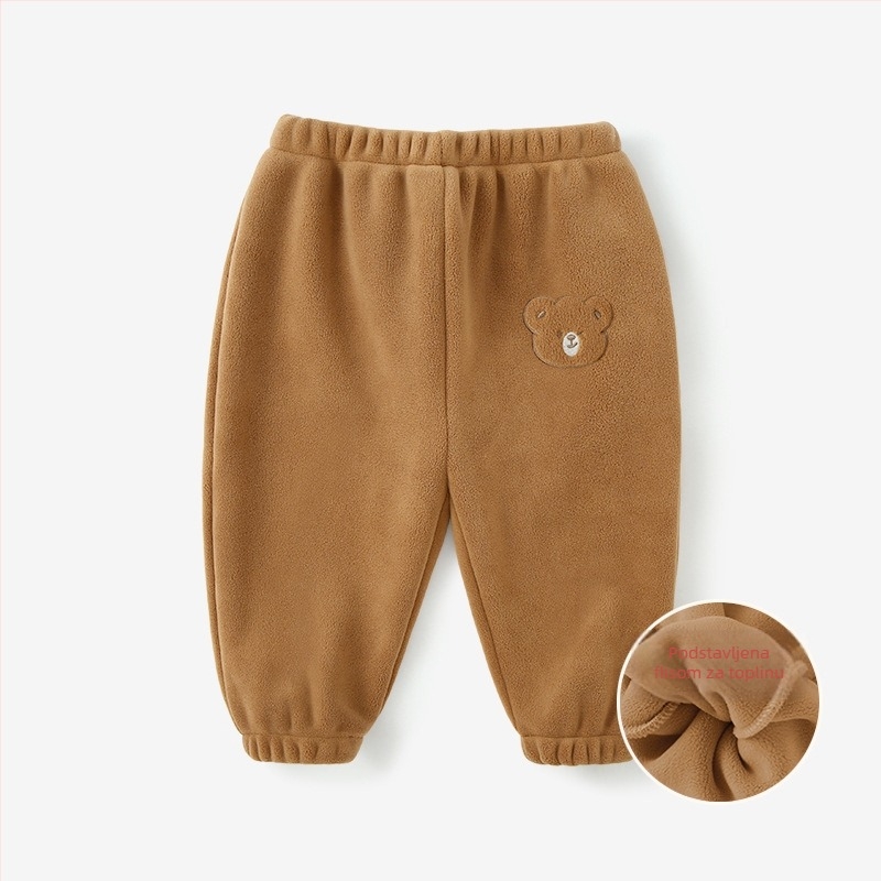 Dječje hlače za bebe i malu djecu s fleece podstavom, opuštenog kroja, motiv životinja, poliester 94,1%, srednji pojas, meka obrada, proljeće–jesen