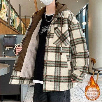 Muško zimsko jakna slobodnog kroja, s fleksem za podstava i punjenjem od pamuka, karirani vuneni materijal, zatvarač na zip, rever, 3D džepovi