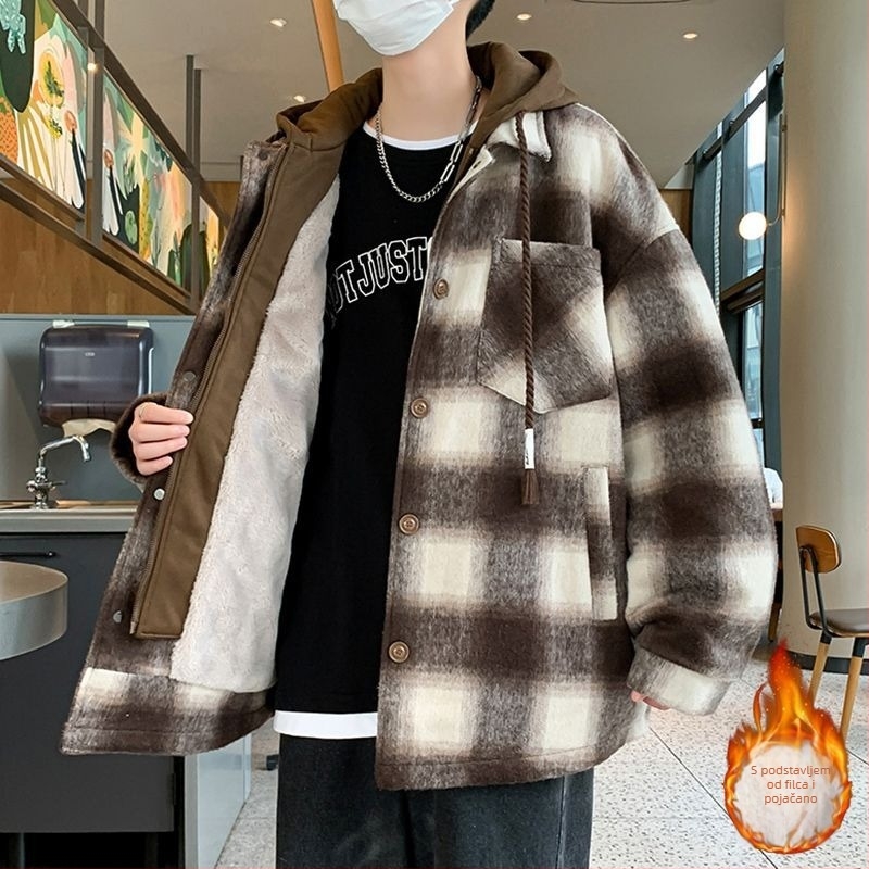 Muško zimsko jakna slobodnog kroja, s fleksem za podstava i punjenjem od pamuka, karirani vuneni materijal, zatvarač na zip, rever, 3D džepovi