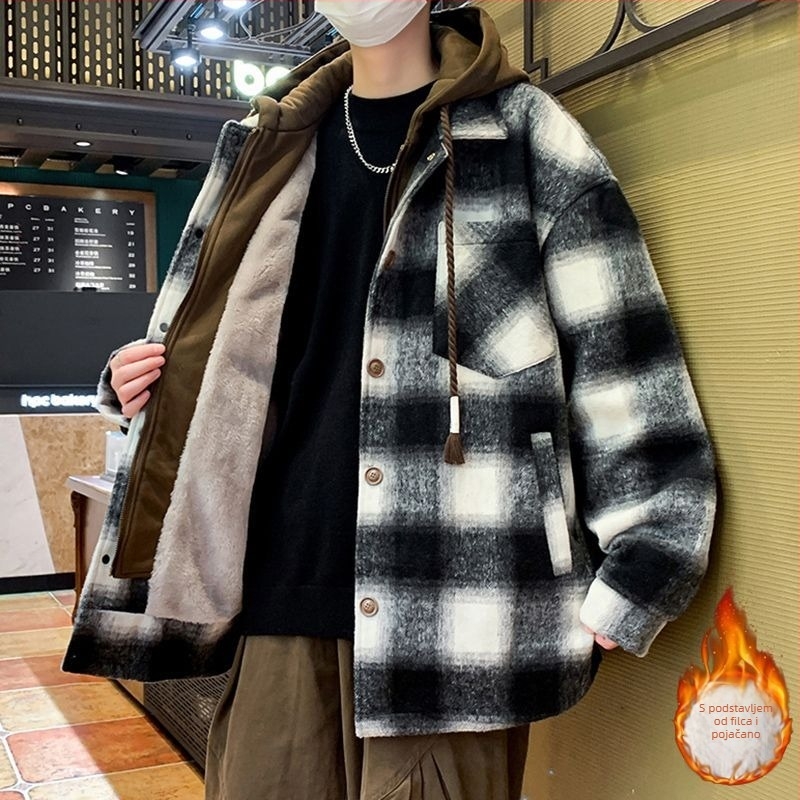 Muško zimsko jakna slobodnog kroja, s fleksem za podstava i punjenjem od pamuka, karirani vuneni materijal, zatvarač na zip, rever, 3D džepovi