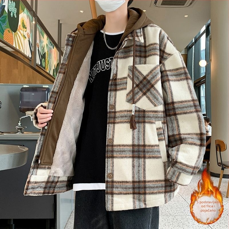 Muško zimsko jakna slobodnog kroja, s fleksem za podstava i punjenjem od pamuka, karirani vuneni materijal, zatvarač na zip, rever, 3D džepovi