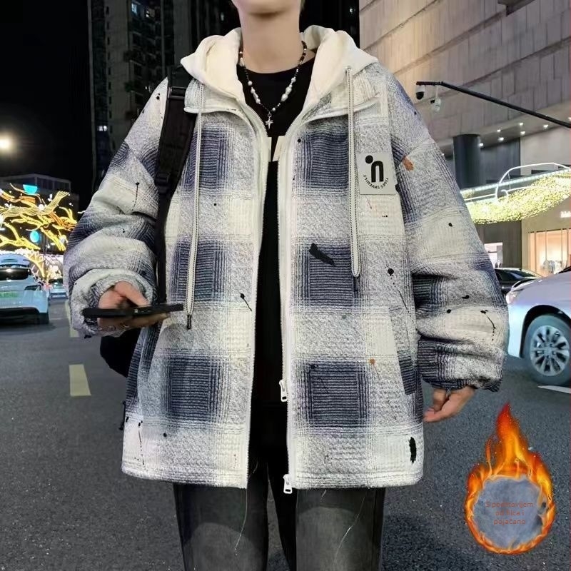 Muško zimsko jakna slobodnog kroja, s fleksem za podstava i punjenjem od pamuka, karirani vuneni materijal, zatvarač na zip, rever, 3D džepovi