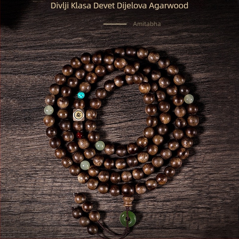 Narukvica od agarwooda, 108 perli, višestruki navoji, ručna izrada, prirodno, kineski stil.