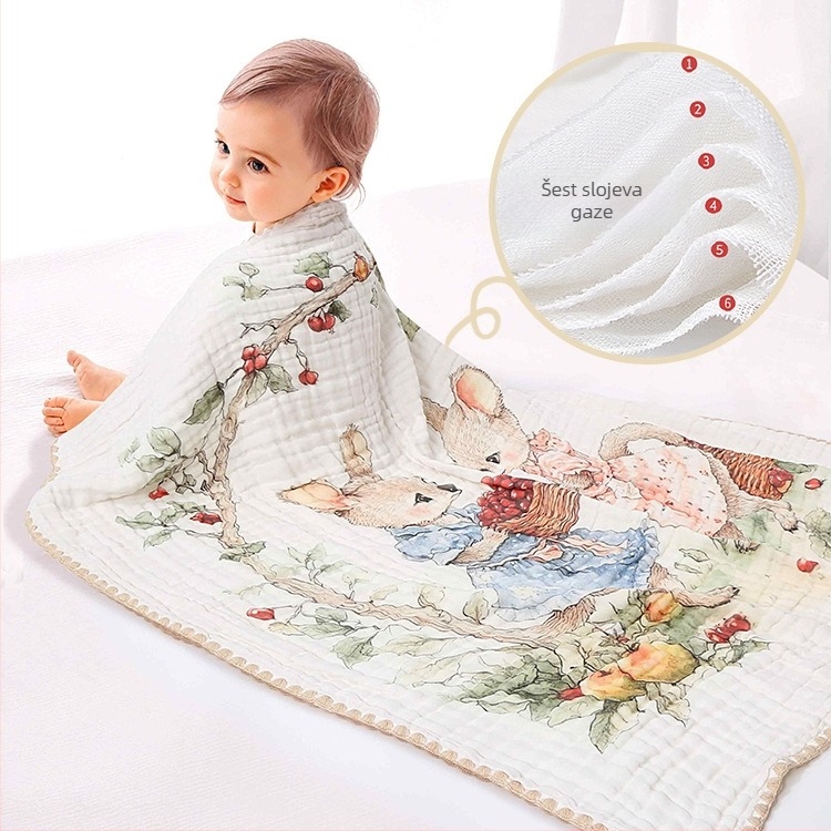 Dječji ručnik za kupanje od gaze – 100% pamuk, šest slojeva upijanja, prugasti uzorak, brzo sušenje, za novorođenčad