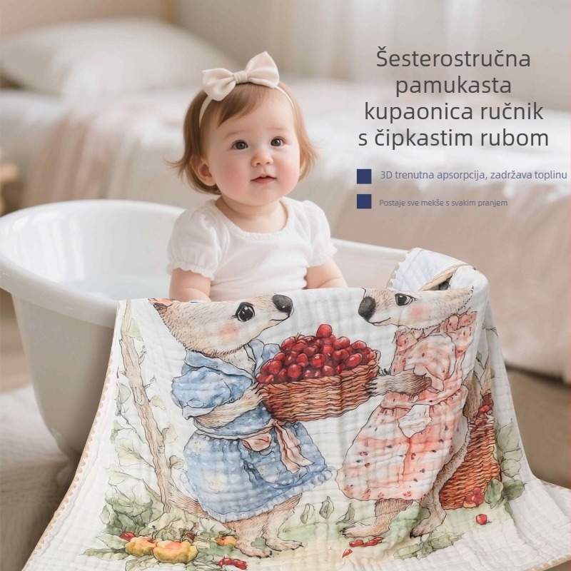 Dječji ručnik za kupanje od gaze – 100% pamuk, šest slojeva upijanja, prugasti uzorak, brzo sušenje, za novorođenčad