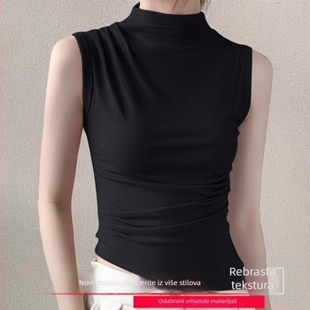 Ženski ribani top sa stojećim ovratnikom, uski kroj, akrilna vlakna, proljeće 2025