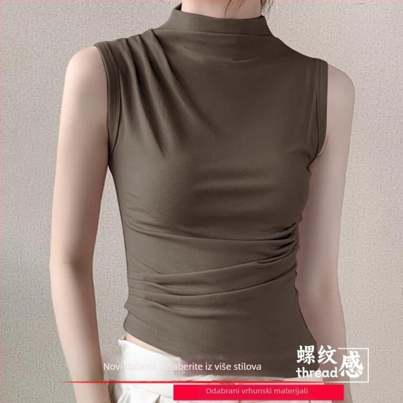 Ženski ribani top sa stojećim ovratnikom, uski kroj, akrilna vlakna, proljeće 2025