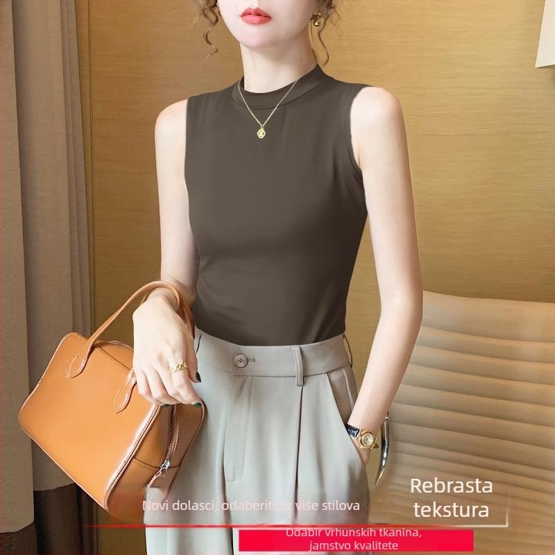 Ženski ribani top sa stojećim ovratnikom, uski kroj, akrilna vlakna, proljeće 2025