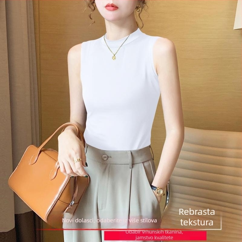 Ženski ribani top sa stojećim ovratnikom, uski kroj, akrilna vlakna, proljeće 2025
