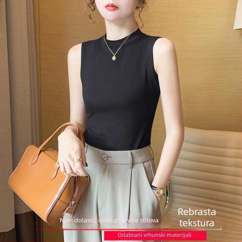 Ženski ribani top sa stojećim ovratnikom, uski kroj, akrilna vlakna, proljeće 2025