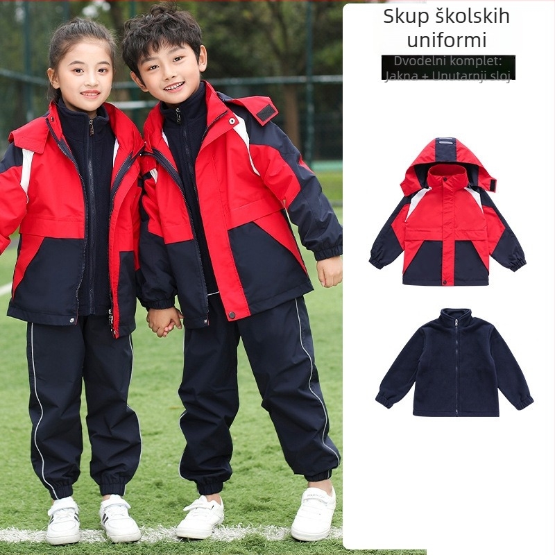 Trojodjelni školski uniformni set za jesen-zimu, sportski stil, unisex za djecu od 8 godina, zatvarač i odvojiva kapuljača