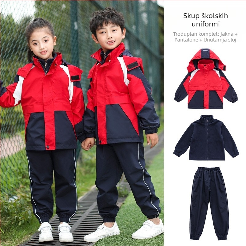 Trojodjelni školski uniformni set za jesen-zimu, sportski stil, unisex za djecu od 8 godina, zatvarač i odvojiva kapuljača