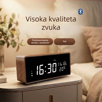 Budilnik Mormon, kućište od masivnog drva, LED brojčani prikaz, baterijsko napajanje, elektronički mehanizam, termometar i prikaz dana u tjednu