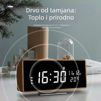 Budilnik Mormon, kućište od masivnog drva, LED brojčani prikaz, baterijsko napajanje, elektronički mehanizam, termometar i prikaz dana u tjednu