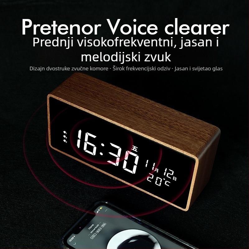 Budilnik Mormon, kućište od masivnog drva, LED brojčani prikaz, baterijsko napajanje, elektronički mehanizam, termometar i prikaz dana u tjednu