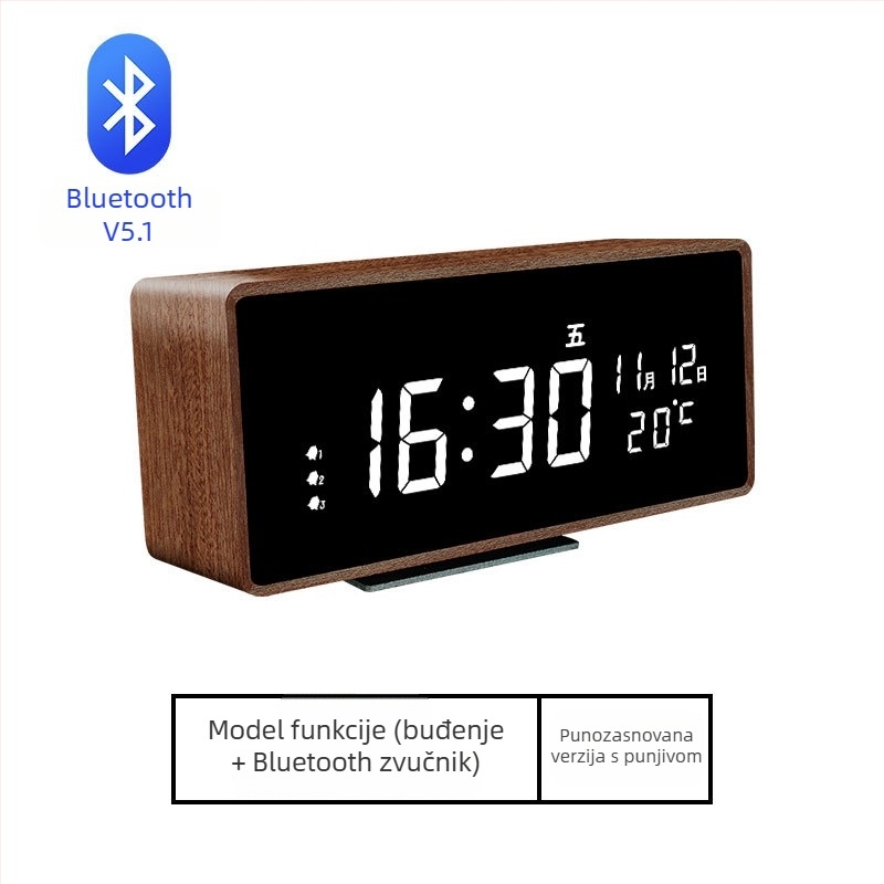 Budilnik Mormon, kućište od masivnog drva, LED brojčani prikaz, baterijsko napajanje, elektronički mehanizam, termometar i prikaz dana u tjednu