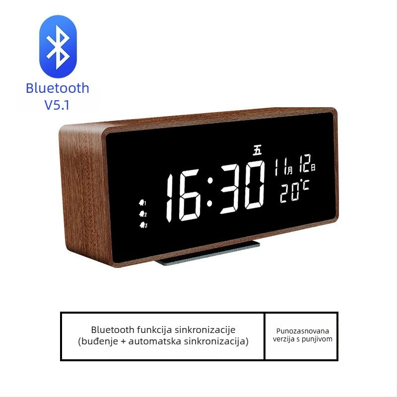 Budilnik Mormon, kućište od masivnog drva, LED brojčani prikaz, baterijsko napajanje, elektronički mehanizam, termometar i prikaz dana u tjednu