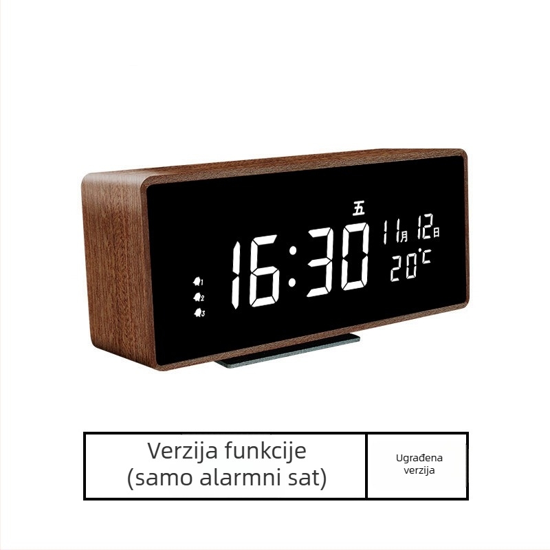 Budilnik Mormon, kućište od masivnog drva, LED brojčani prikaz, baterijsko napajanje, elektronički mehanizam, termometar i prikaz dana u tjednu
