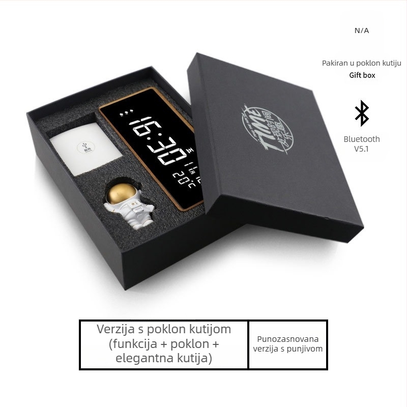 Budilnik Mormon, kućište od masivnog drva, LED brojčani prikaz, baterijsko napajanje, elektronički mehanizam, termometar i prikaz dana u tjednu