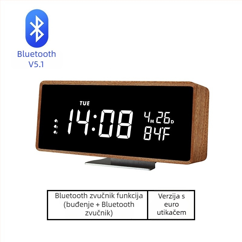 Budilnik Mormon, kućište od masivnog drva, LED brojčani prikaz, baterijsko napajanje, elektronički mehanizam, termometar i prikaz dana u tjednu