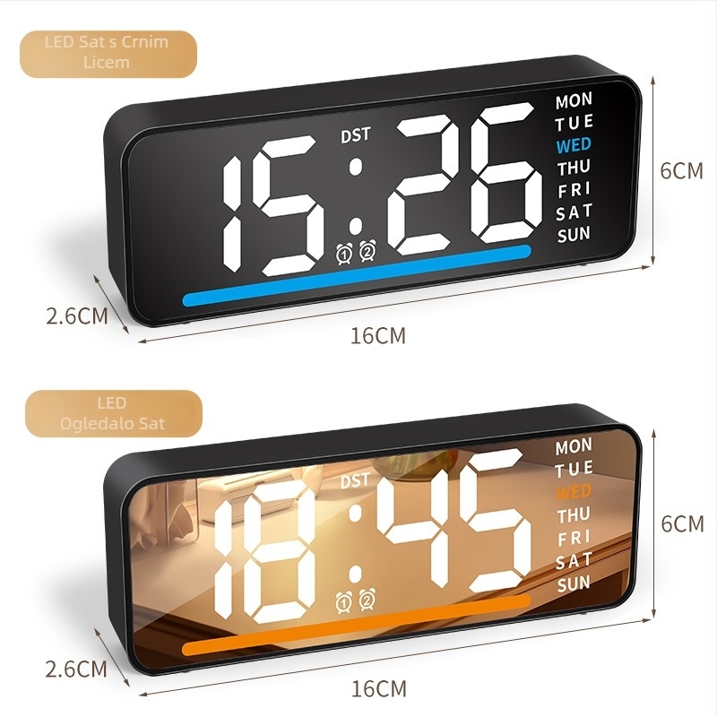 Alarmni sat s LED zaslonom, termometrom, kalendarom i danom u tjednu – stolni digitalni sat, elektronički pogon