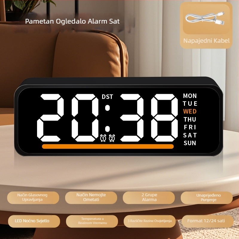 Alarmni sat s LED zaslonom, termometrom, kalendarom i danom u tjednu – stolni digitalni sat, elektronički pogon