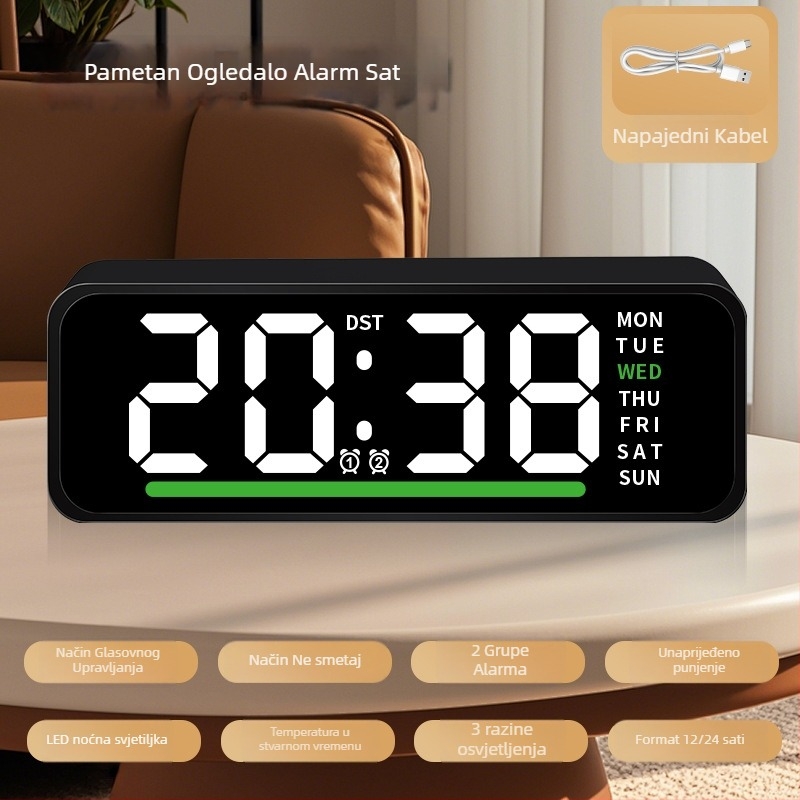 Alarmni sat s LED zaslonom, termometrom, kalendarom i danom u tjednu – stolni digitalni sat, elektronički pogon