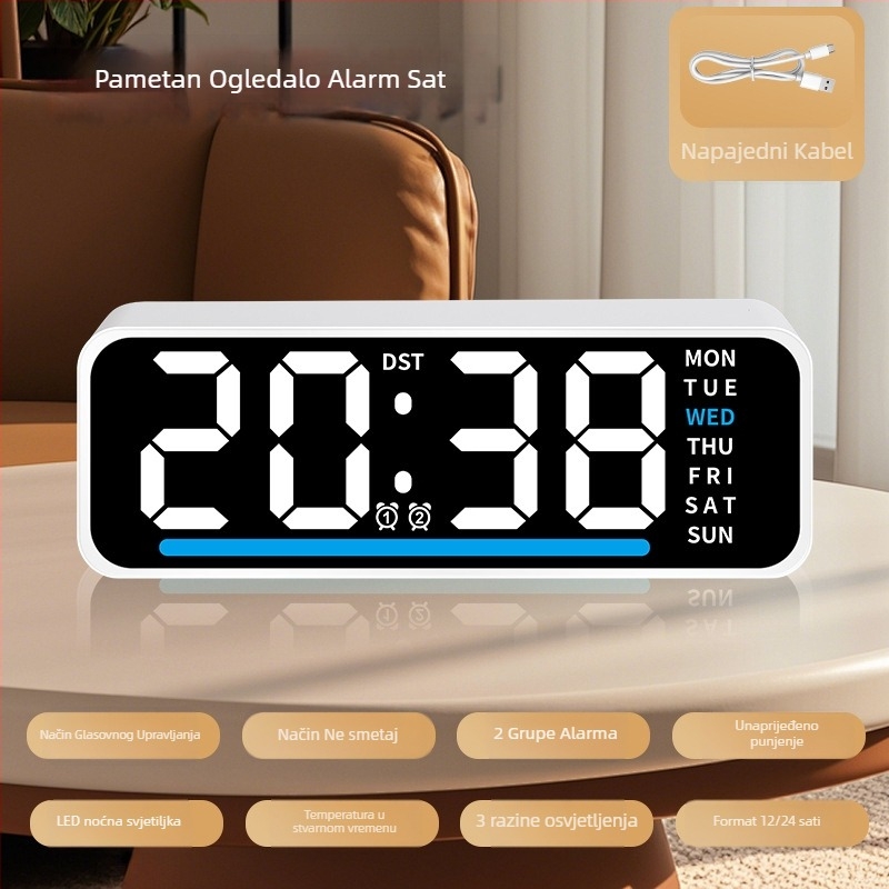 Alarmni sat s LED zaslonom, termometrom, kalendarom i danom u tjednu – stolni digitalni sat, elektronički pogon
