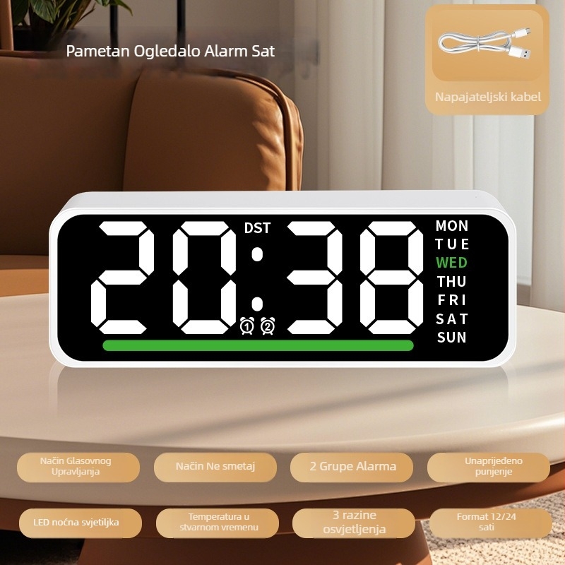 Alarmni sat s LED zaslonom, termometrom, kalendarom i danom u tjednu – stolni digitalni sat, elektronički pogon