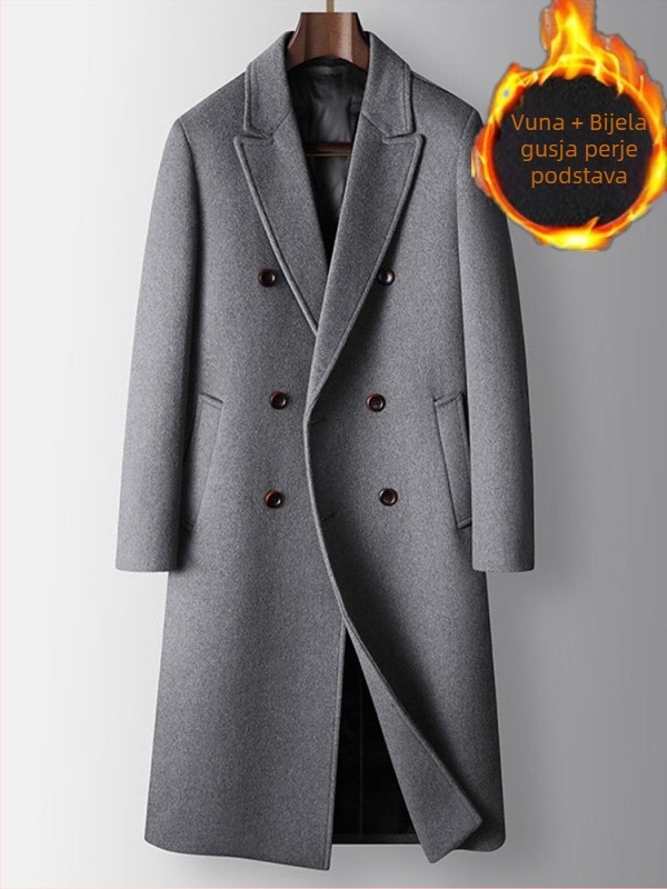Dugi muški vuneni kaput – dvostruko kopčanje, odvojiva podstava s perjem, slobodan kroj, ovratnik u stilu sakoa (Gusta vunena tkanina; Glavni materijal: vuna; Odvojiva podstava s perjem; Slobodan kroj; Ovratnik u stilu sakoa)
