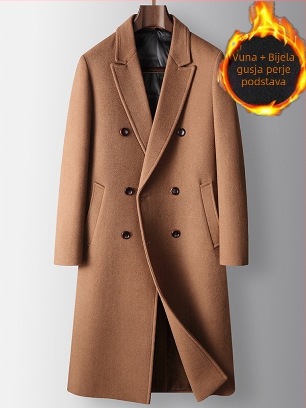 Dugi muški vuneni kaput – dvostruko kopčanje, odvojiva podstava s perjem, slobodan kroj, ovratnik u stilu sakoa (Gusta vunena tkanina; Glavni materijal: vuna; Odvojiva podstava s perjem; Slobodan kroj; Ovratnik u stilu sakoa)