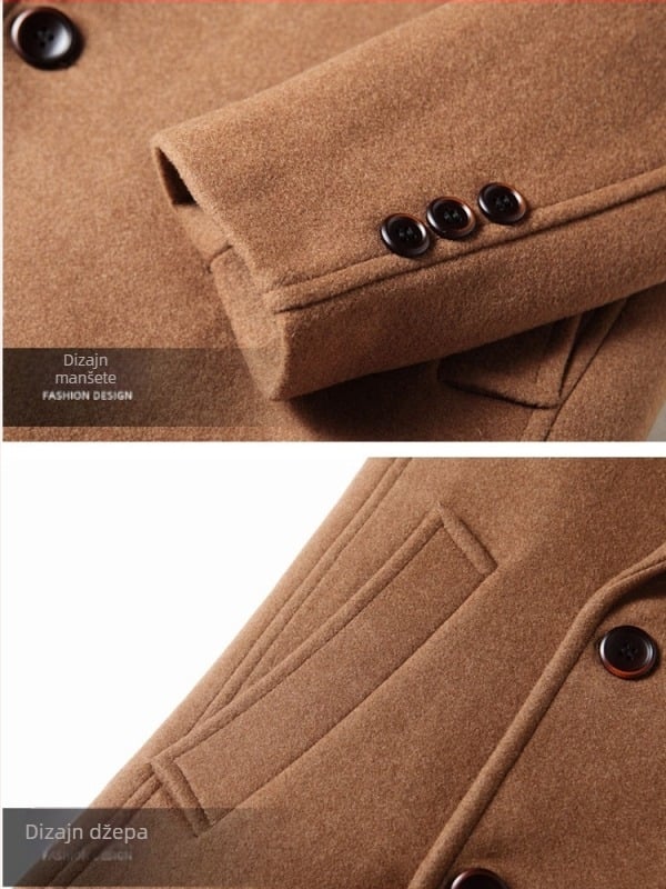 Dugi muški vuneni kaput – dvostruko kopčanje, odvojiva podstava s perjem, slobodan kroj, ovratnik u stilu sakoa (Gusta vunena tkanina; Glavni materijal: vuna; Odvojiva podstava s perjem; Slobodan kroj; Ovratnik u stilu sakoa)