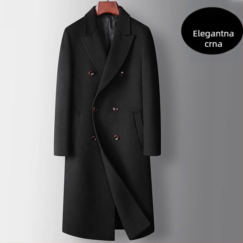 Dugi muški vuneni kaput – dvostruko kopčanje, odvojiva podstava s perjem, slobodan kroj, ovratnik u stilu sakoa (Gusta vunena tkanina; Glavni materijal: vuna; Odvojiva podstava s perjem; Slobodan kroj; Ovratnik u stilu sakoa)