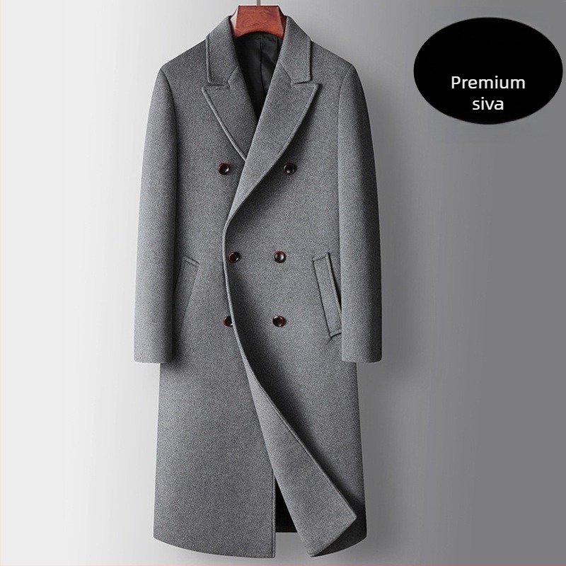Dugi muški vuneni kaput – dvostruko kopčanje, odvojiva podstava s perjem, slobodan kroj, ovratnik u stilu sakoa (Gusta vunena tkanina; Glavni materijal: vuna; Odvojiva podstava s perjem; Slobodan kroj; Ovratnik u stilu sakoa)