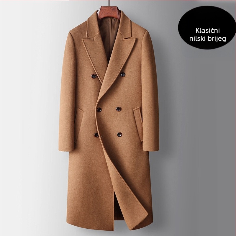 Dugi muški vuneni kaput – dvostruko kopčanje, odvojiva podstava s perjem, slobodan kroj, ovratnik u stilu sakoa (Gusta vunena tkanina; Glavni materijal: vuna; Odvojiva podstava s perjem; Slobodan kroj; Ovratnik u stilu sakoa)