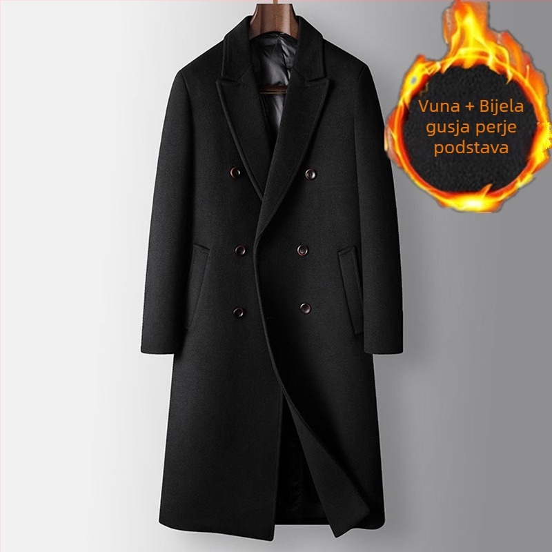 Dugi muški vuneni kaput – dvostruko kopčanje, odvojiva podstava s perjem, slobodan kroj, ovratnik u stilu sakoa (Gusta vunena tkanina; Glavni materijal: vuna; Odvojiva podstava s perjem; Slobodan kroj; Ovratnik u stilu sakoa)