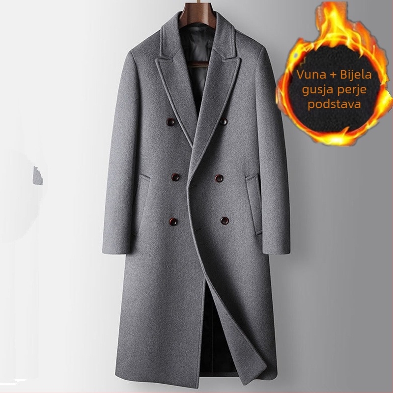Dugi muški vuneni kaput – dvostruko kopčanje, odvojiva podstava s perjem, slobodan kroj, ovratnik u stilu sakoa (Gusta vunena tkanina; Glavni materijal: vuna; Odvojiva podstava s perjem; Slobodan kroj; Ovratnik u stilu sakoa)