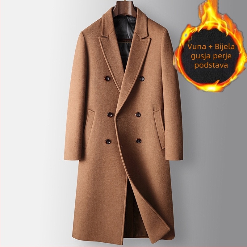 Dugi muški vuneni kaput – dvostruko kopčanje, odvojiva podstava s perjem, slobodan kroj, ovratnik u stilu sakoa (Gusta vunena tkanina; Glavni materijal: vuna; Odvojiva podstava s perjem; Slobodan kroj; Ovratnik u stilu sakoa)