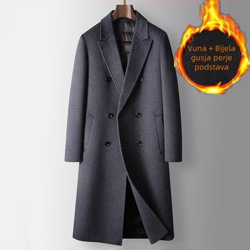 Dugi muški vuneni kaput – dvostruko kopčanje, odvojiva podstava s perjem, slobodan kroj, ovratnik u stilu sakoa (Gusta vunena tkanina; Glavni materijal: vuna; Odvojiva podstava s perjem; Slobodan kroj; Ovratnik u stilu sakoa)