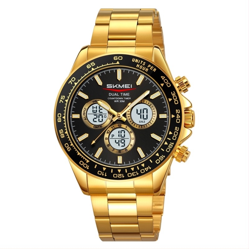Skmei muški multifunkcionalni elektronički sat – dvostruko vrijeme, chronometer, datum i alarm — analogno-digitalni prikaz, narukvica od nehrđajućeg čelika/silikona, vodootpornost 30M