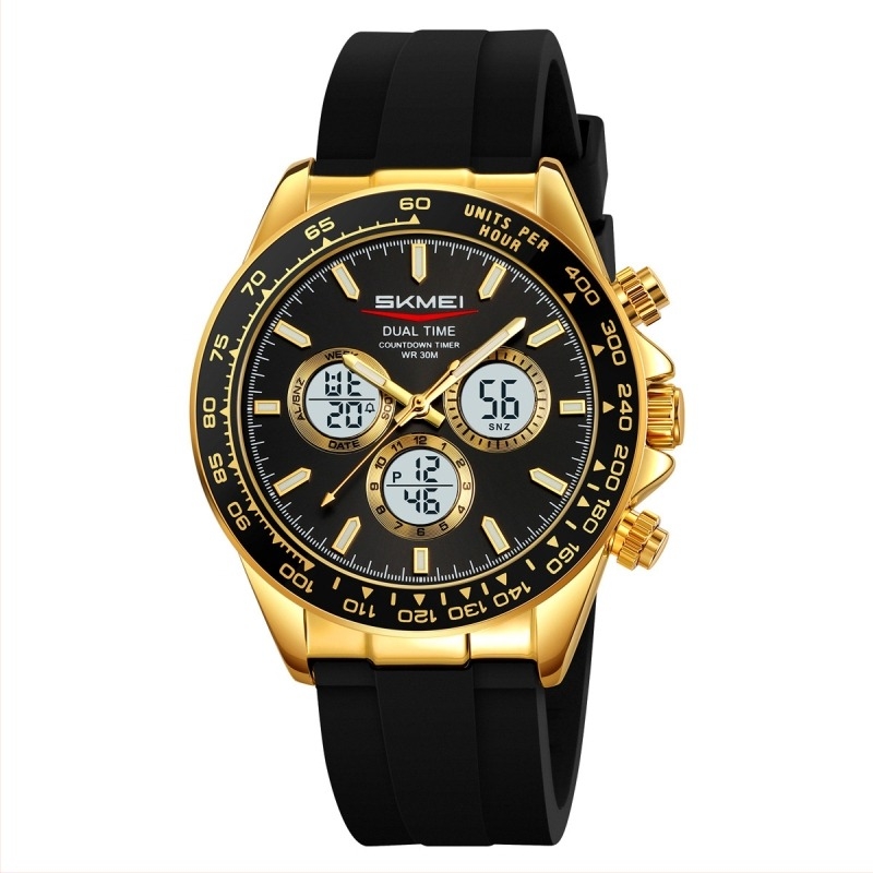 Skmei muški multifunkcionalni elektronički sat – dvostruko vrijeme, chronometer, datum i alarm — analogno-digitalni prikaz, narukvica od nehrđajućeg čelika/silikona, vodootpornost 30M